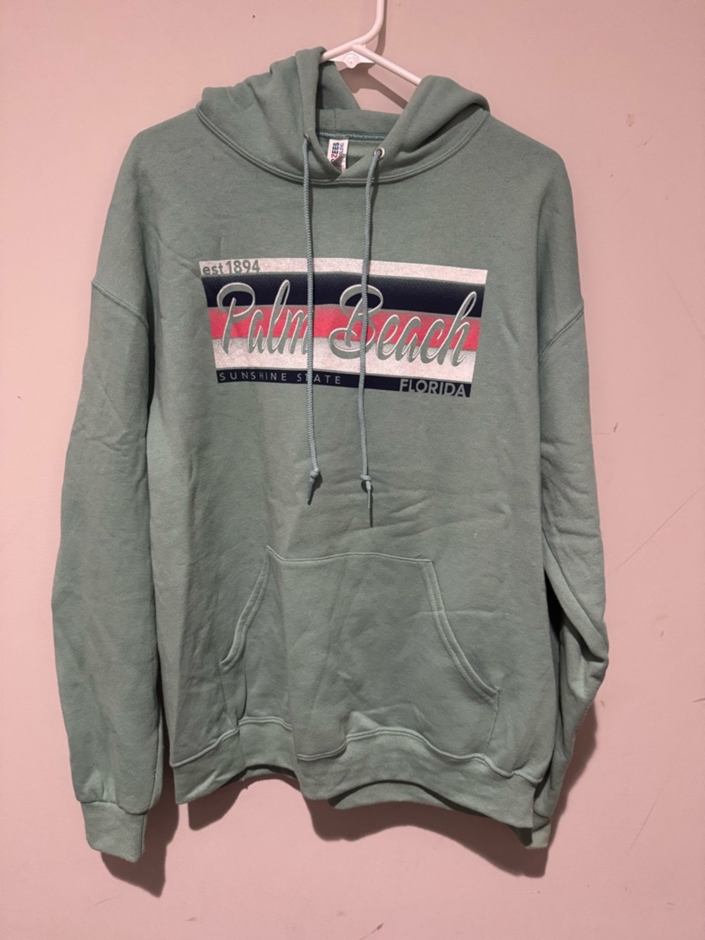 Jerzees Sage Green Palm Beach Hoodie with Pink & Navy Graphic
